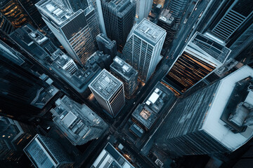 Canvas Print - Aerial top view of a cityscape with high-rise buildings, skyscrapers, and streets at dusk. The structures are modern and densely packed, forming an urban skyline.