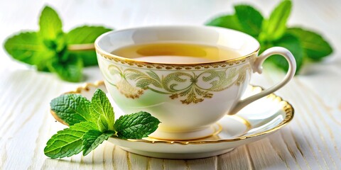 Macro shot of white cup and saucer with green and gold decorations of mint tea and mint leaves