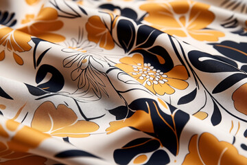 Sticker - Close-up of a fabric with an orange and black floral pattern on a white background, showing intricate details and smooth texture, creating a vibrant and elegant look.