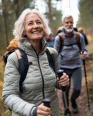 smiling senior couple hiking in the woods