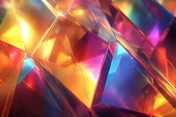 Abstract background with geometric shapes made of glass reflecting light in orange, pink, blue, and yellow colors.