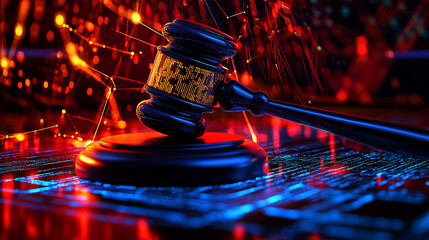 digital gavel over a hologram background with data and code,  the concept of an online courtroom 