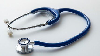 A blue stethoscope placed flat on a clean surface, symbolizing healthcare and medical professions in a clinical setting