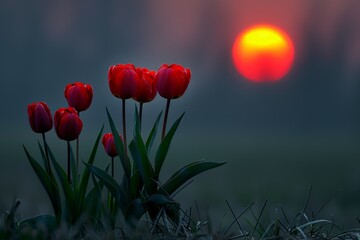 Red tulips bloom against a setting sun, their vibrant color contrasting with the soft, hazy sky.