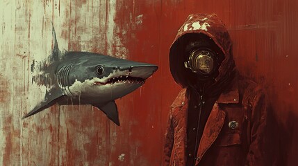 Canvas Print - Shark and Man: A Surreal Encounter in a Dystopian World