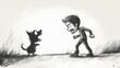 © ArtistiKa - A cartoon-style sketch depicting a man angrily confronting an animated tiny barking dog on a simple background.