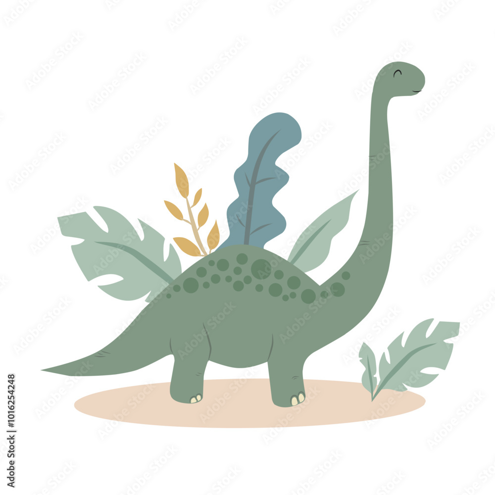 hand draw Cute dinosaur green isolated on white background with leaves ...