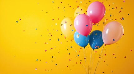 Colorful inflatable balloons with metallic confetti on a yellow background. Background for a greeting card in flat-light style, birthday or party