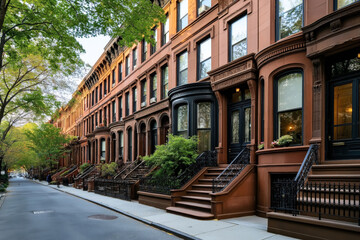 A row of classic brownstone townhouses with ornate facades, large windows, and metal railings line a quiet, tree-lined residential street in an urban neighborhood.