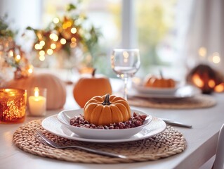 Canvas Print - Autumn themed table setting with pumpkins and candles in a bright space