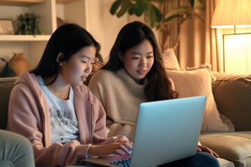 Asian mother and teenage daughter sit on a beige couch, focused on laptops in cozy living room. Soft lighting creates a calm atmosphere with a plant in the background.