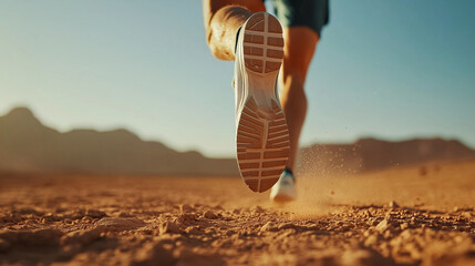 Close-up of running shoes on feet jumping in the air, close-up shot with a blurred background of a desert landscape. A man, a runner, training outdoors wearing sportswear and athletic gear for a trail