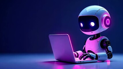 cute friendly artificial intelligence robot using laptop computer with white and blue neon glow ligh
