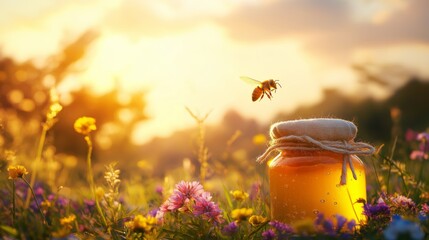 a bee hovering over a jar of honey in a vibrant field of wildflowers during sunset