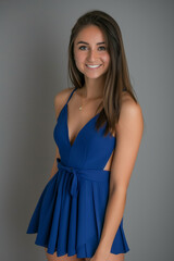 Woman in a blue dress is smiling for the camera. The dress is a tight-fitting, long sleeved, blue dress with a belt