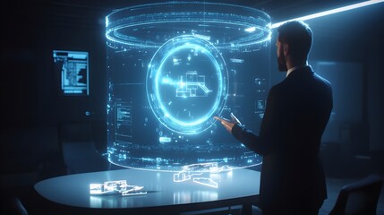 Wall Mural - businessman interacting with futuristic holographic interface in dark room