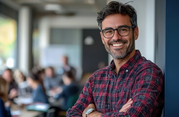 Confident middle-aged man with glasses and casual attire smiling in a bright office environment