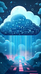 Wall Mural - digital cloud pouring data streams on a glowing path