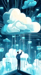 Wall Mural - person interacting with a network of futuristic clouds