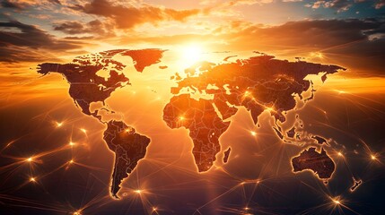 Wall Mural - digital glowing world map with interconnected network lines at sunset