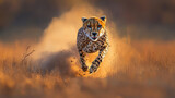 A cheetah exhibits its legendary speed and agility, racing through the golden African savanna, symbolizing the apex predator's grace and dynamic power.