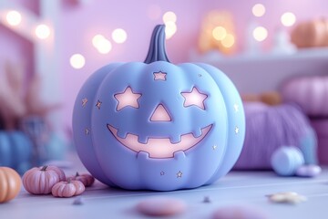 Wall Mural - glittery purple jack-o'-lantern with star-shaped eyes on a pink background in a whimsical halloween 