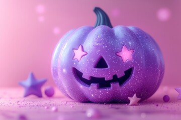 Wall Mural - glittery purple jack-o'-lantern with star-shaped eyes on a pink background in a whimsical halloween 