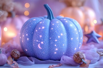 Wall Mural - glittery purple jack-o'-lantern with star-shaped eyes on a pink background in a whimsical halloween 