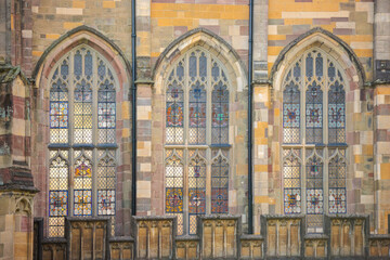 Architecture details of the landmark Great Malvern Priory, Great Malvern, England