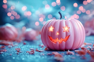 Wall Mural - glowing pink jack-o'-lantern with star-shaped eyes in a magical setting with sparkling lights genera