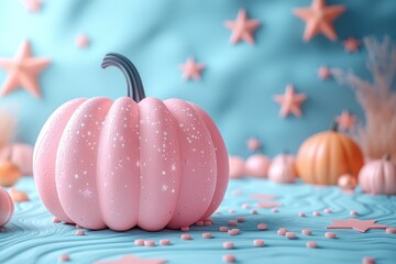 Wall Mural - glowing pink jack-o'-lantern with star-shaped eyes in a magical setting with sparkling lights genera