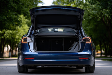 Wall Mural - Rear view of an electric car with an open trunk on a tree-lined street, showing spacious storage space and modern taillight design on a sunny day.