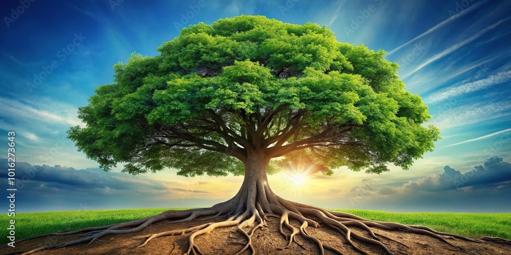 Majestic tree with deep roots symbolizing growth and stability, medium ...