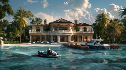 Poster - A Luxurious Waterfront Mansion with a Jet Ski and a Yacht in the Foreground