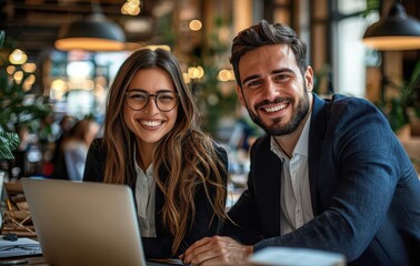 Two happy professionals, a man and a woman, smiling confidently in an office setting with a laptop, exuding teamwork and collaboration