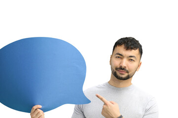 Man, on a white background, close-up, with a blue comment sign