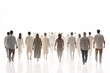 © youriy - A group of people walking away in white attire against a bright background creating a sense of unity and movement