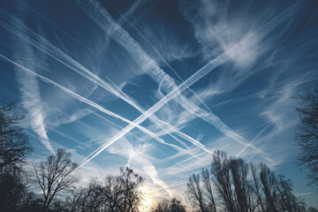 Blue sky with condensation trails from airplanes with trees