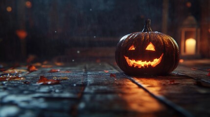 Sticker - spooky pumpkin on wood with dramatic lighting