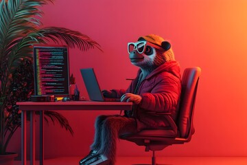 Surreal 3D Sloth Developer Typing on Laptop in Vibrant Colored Office