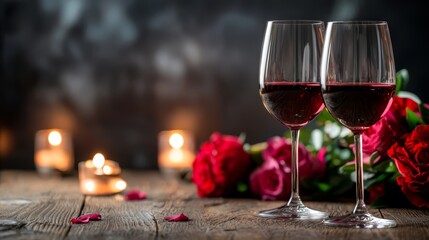 An intimate dinner scene with two wine glasses filled with rich red wine, a bouquet of flowers resting nearby, and candles softly illuminating the wooden table, perfect for a romantic night.