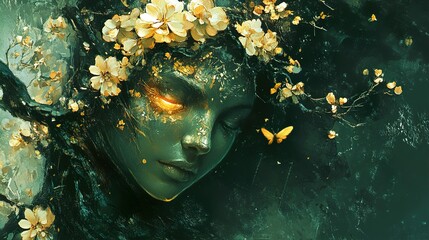 Poster - Dreamy Portrait of a Woman with Flower Crown and Butterfly