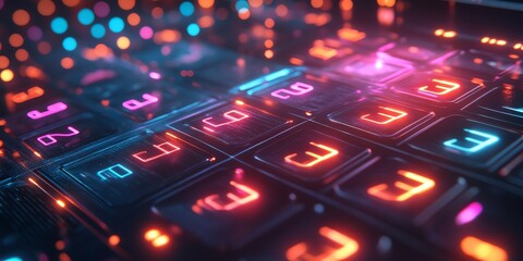 Abstract futuristic glowing neon keyboard with red and blue lights in a dark background.