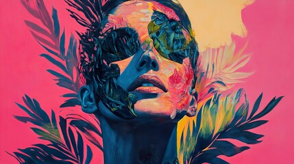 Poster - Abstract Portrait of a Woman with Tropical Leaves