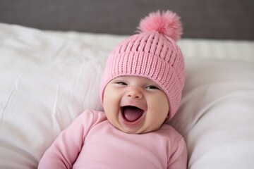 Canvas Print - Baby laughing pink bed.