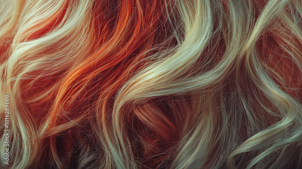 Close-up of vibrant, wavy hair in shades of red and blonde, showcasing the stunning play of natural hues and textures in a visually striking way.