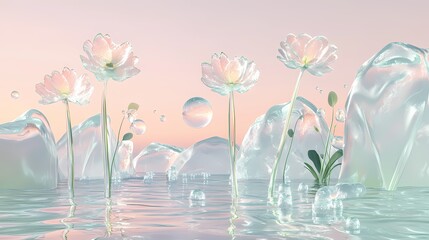 Wall Mural - Pink and green glass plant flower poster background