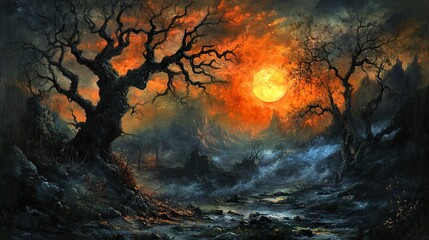 Canvas Print - Eerie Forest Landscape with Full Moon and Fog