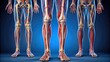 © Danicha - Detailed illustration of the human lower extremities, showcasing bones, muscles, tendons, and blood vessels in the legs, ankles, and feet from multiple angles.