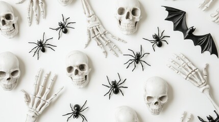 Poster - Halloween themed decorations with skeleton hands bats skulls and spiders on a white background flat lay top view